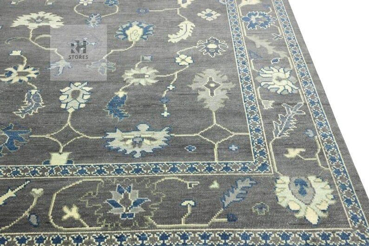 Translation missing: es.Hand knotted Oushak wool rug with traditional floral design in muted gray and soft hues, 8x10 area rug
