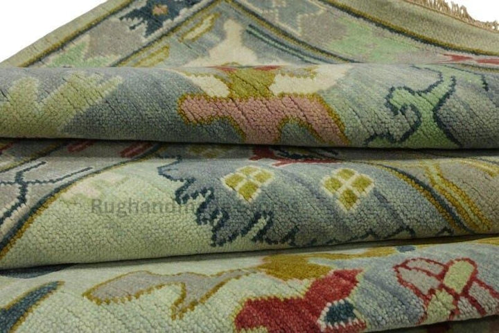 Translation missing: es.Hand-Knotted Oushak Wool Rug with vintage Turkish floral design in blueish green, 8x10 area rug for living room decor