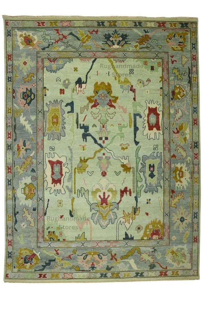 Translation missing: es.Hand-knotted Oushak wool rug with vintage Turkish floral design in blueish green, 8x10 area rug