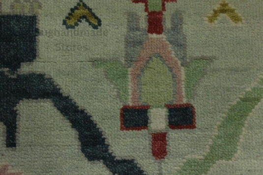 Translation missing: es.Hand-knotted Oushak wool rug with vintage Turkish floral design in blueish green, 8x10 area rug for living room decor