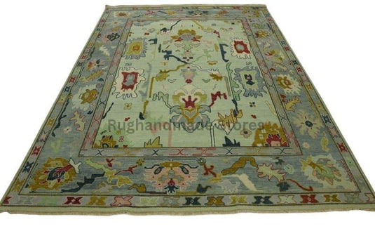 Translation missing: es.Hand-knotted Oushak wool rug with vintage Turkish floral design in blueish green and beige colors, 8x10 area rug