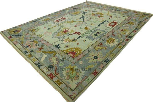 Translation missing: es.Hand-knotted Oushak wool rug with blueish green floral design, 8x10 Turkish area rug