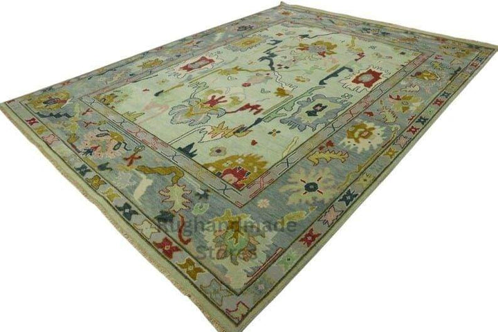 Translation missing: es.Hand-knotted Oushak wool rug with blueish green floral design, 8x10 Turkish area rug