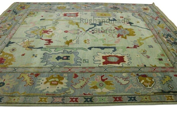 Translation missing: es.Hand-knotted Oushak wool rug with vintage Turkish floral design in blueish green, 8x10 area rug