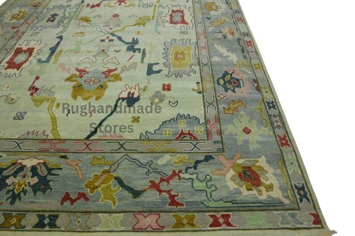Translation missing: es.Hand-knotted Oushak wool rug with vintage Turkish floral design in blueish green, 8x10 area rug