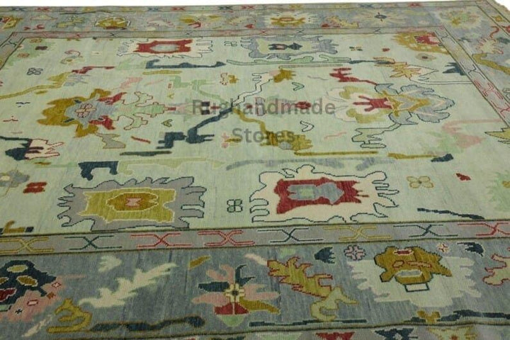 Translation missing: es.Hand-knotted Oushak wool rug with blueish green floral design, 8x10 Turkish vintage area rug
