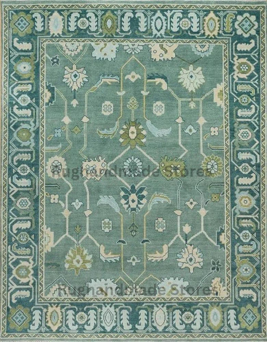 Translation missing: es.Hand-knotted Oushak wool rug with vintage Turkish floral design in green and blueish tones for living room decor