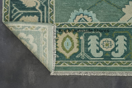 Translation missing: es.Hand-knotted Oushak wool rug with vintage Turkish floral design in green and blueish tones for living room decor