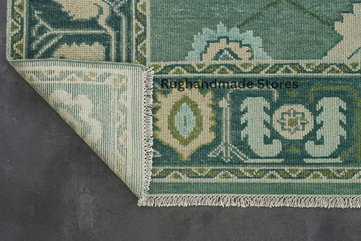 Translation missing: es.Hand-knotted Oushak wool rug with vintage Turkish floral design in green and blueish tones for living room decor