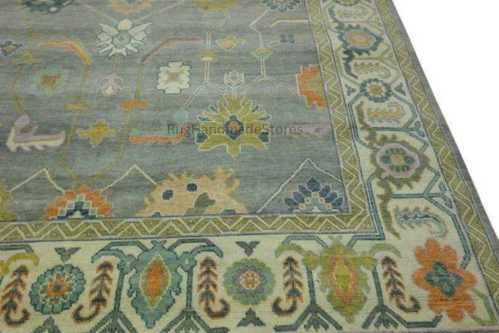 Translation missing: es.Hand-knotted Oushak wool rug with vintage Turkish floral design in green and blueish-green, 8x10 area rug for living room decor