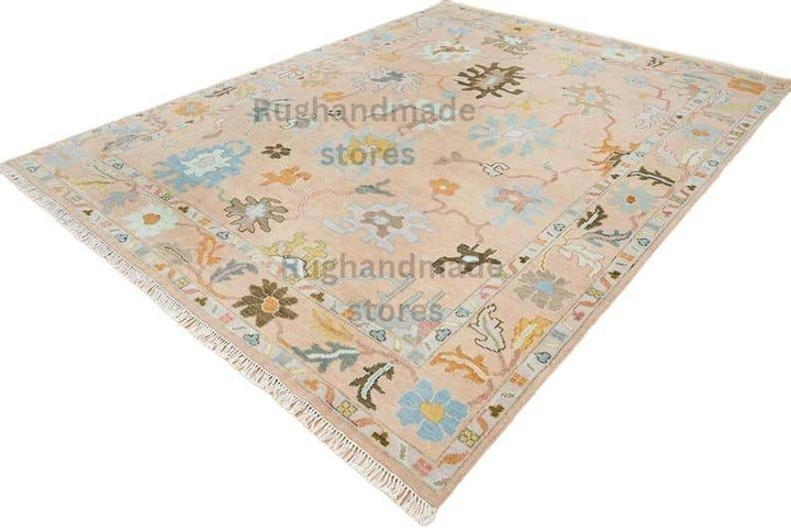 Translation missing: es.Hand-knotted Oushak wool rug in vintage light pink and dark brown with purple accent, floral Turkish design, 8x10 area rug