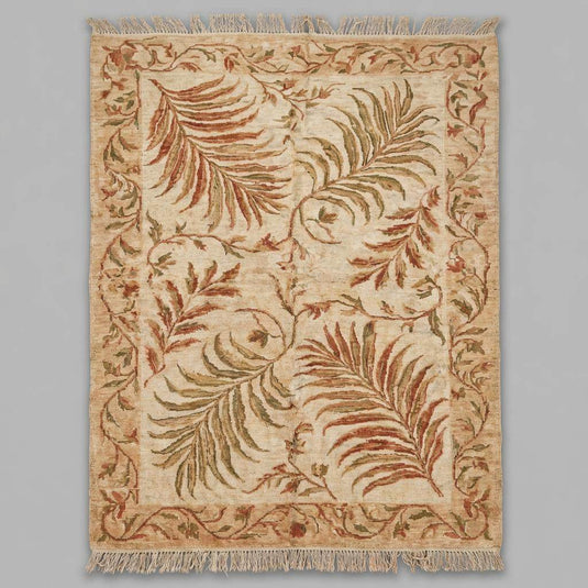 Translation missing: en.Detailed view of the muted earth tone palette featuring mossy green, rust orange, and sandy beige botanical motifs
