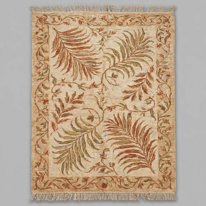 Translation missing: en.Detailed view of the muted earth tone palette featuring mossy green, rust orange, and sandy beige botanical motifs