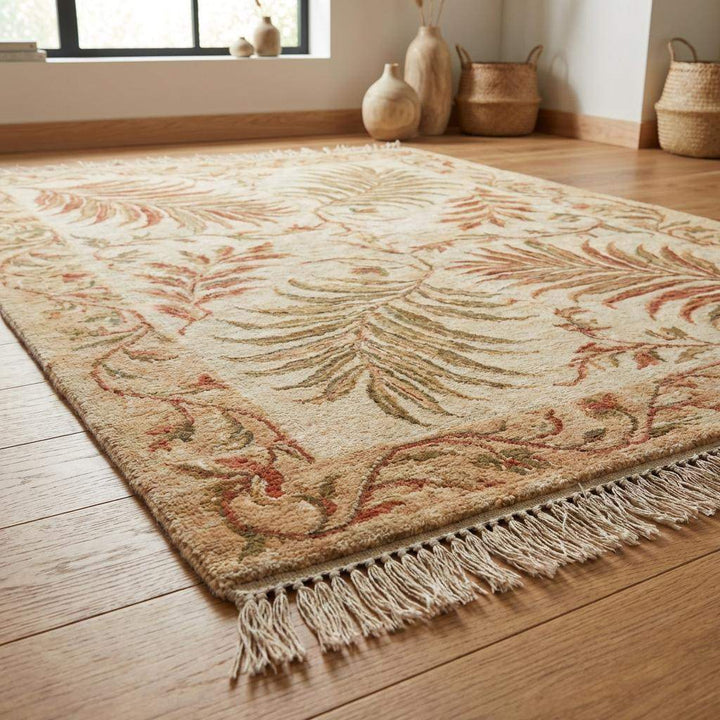 Translation missing: en.Close-up of the natural cotton fringe ends, showing the authentic extension of the rug's warp threads typical of hand-knotted construction