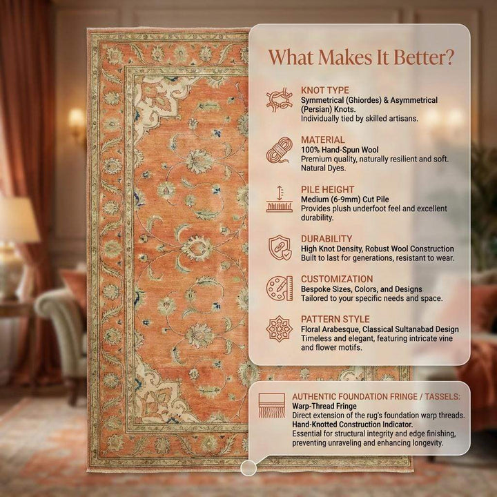 Translation missing: en.Hand-Knotted Wool Oushak Rug - Terracotta Burnt Orange, Traditional Style