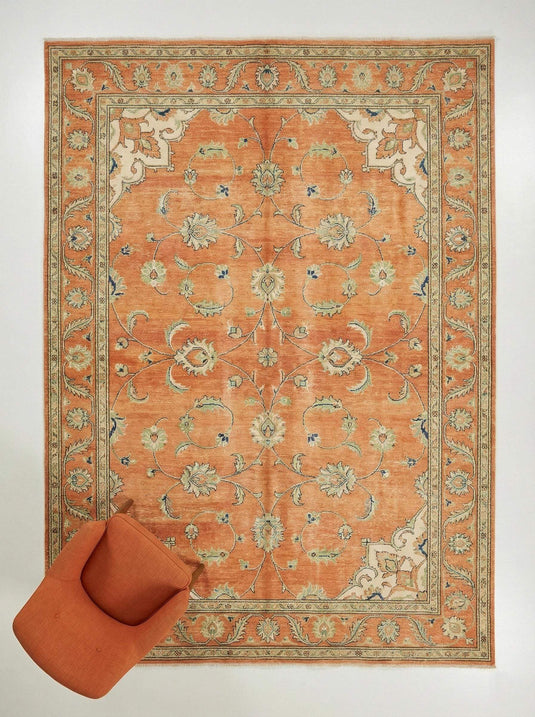 Translation missing: en.Hand-knotted wool Oushak rug in terracotta burnt orange with traditional design and natural vegetable dyes