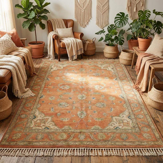 Translation missing: en.Detail of the ivory corner medallion and intricate floral border of a traditional terracotta wool area rug