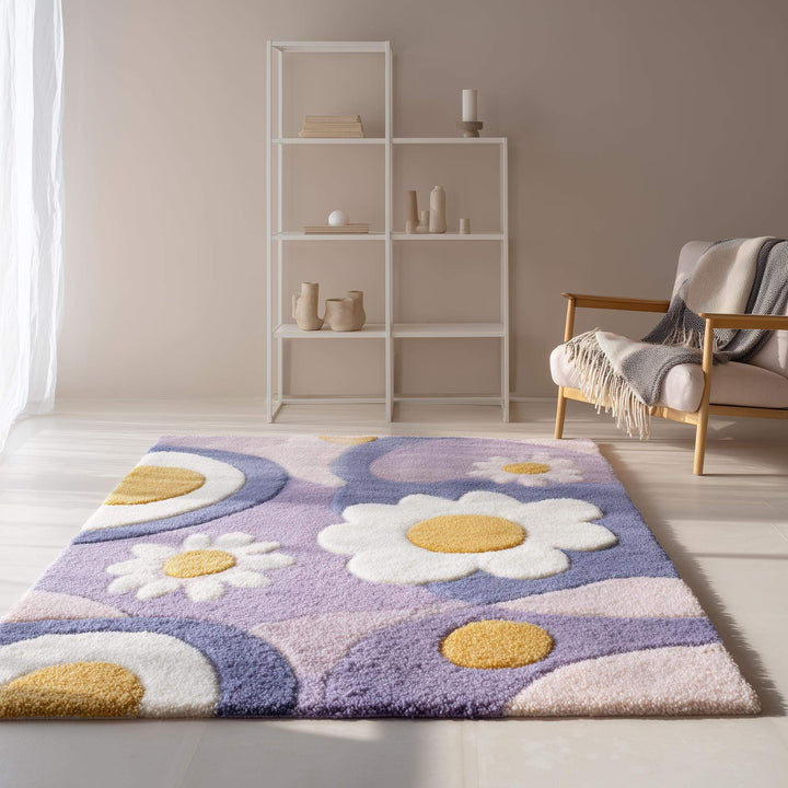 Translation missing: es.Hand tufted rug with pastel lavender flower design and high pile texture for boho nursery and living room decor