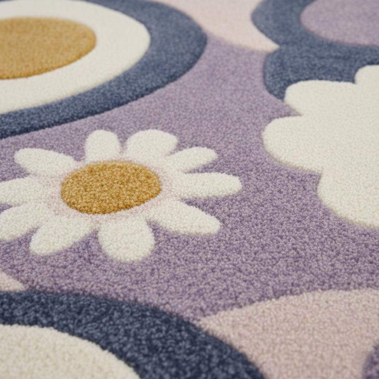 Translation missing: es.Hand tufted rug with pastel lavender flower design and high pile texture for boho nursery or cozy living spaces