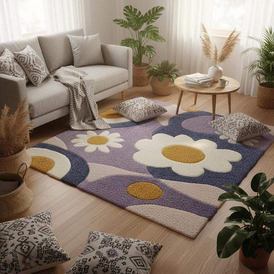 Translation missing: es.Hand tufted rug with pastel lavender flower design and high pile texture for cozy boho nursery or living room decor