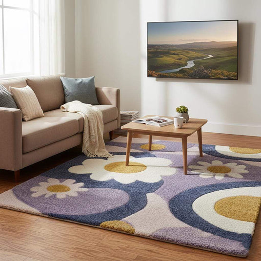 Translation missing: es.Hand tufted rug with pastel lavender flower design and plush high pile texture for boho nursery or cozy living spaces