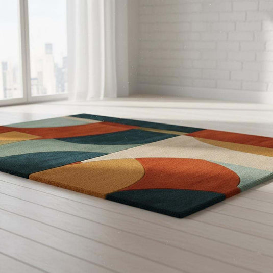 Translation missing: en.Hand tufted area rug with geometric burnt orange and teal mid-century modern design in wool