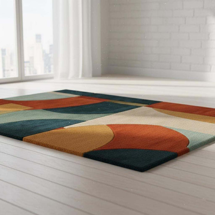 Translation missing: en.Hand tufted area rug with geometric burnt orange and teal mid-century modern design in wool