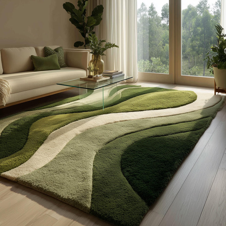 Translation missing: es.Moss green hand-tufted rug with wave pattern and deep pile softness