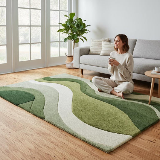 Translation missing: en.Hand-Tufted Moss Green Wave Rug: Organic Textured Carpet