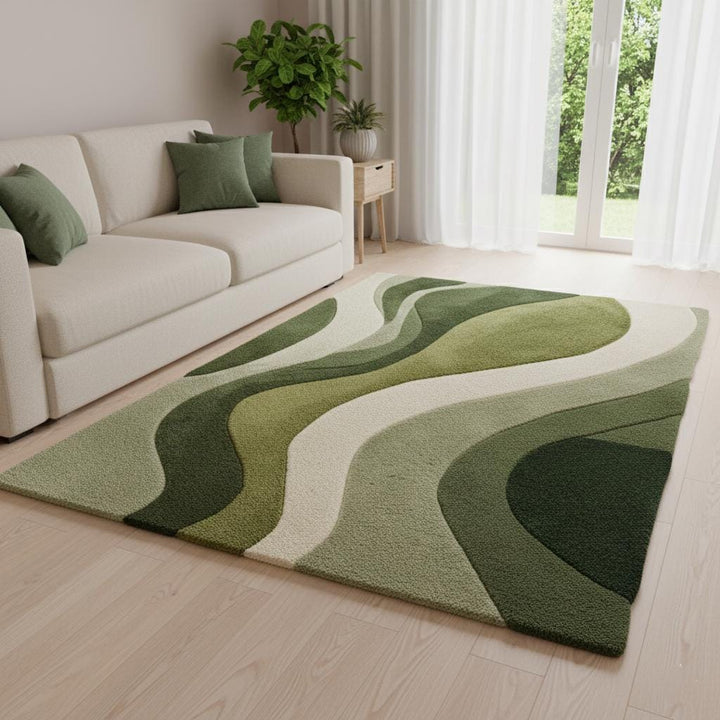 Translation missing: es.Hand-Tufted Moss Green Wave Rug: Organic Textured Carpet