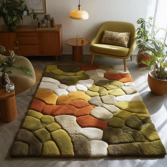 Translation missing: en.Hand tufted pebble rug with soft textured wool in olive green and burnt orange, ideal for Scandinavian and mid-century modern decor