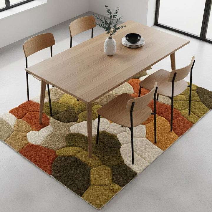 Translation missing: en.Hand tufted pebble rug with soft textured wool in olive green and burnt orange, ideal for Scandinavian and mid-century modern decor