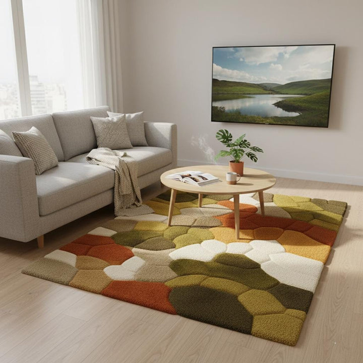 Translation missing: en.Hand tufted pebble rug with soft pebble texture in olive green and burnt orange, eco-friendly wool, Scandinavian decor style