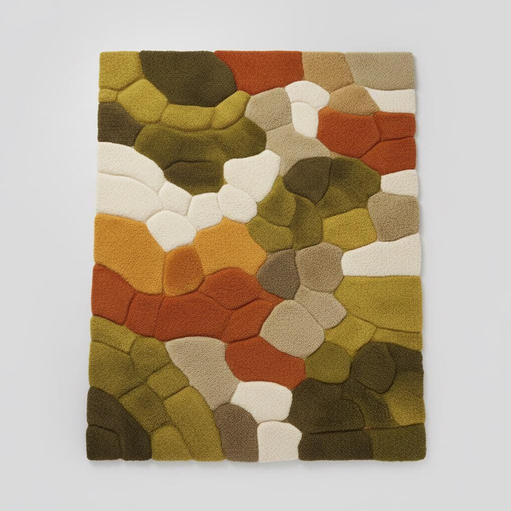 Translation missing: en.Hand tufted pebble rug with soft textured wool in olive green and burnt orange, ideal for Scandinavian decor and living rooms