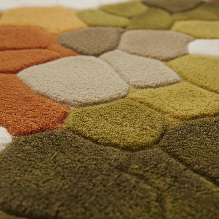 Translation missing: en.Hand tufted pebble rug with soft pebble texture in olive green and burnt orange for Scandinavian decor living room