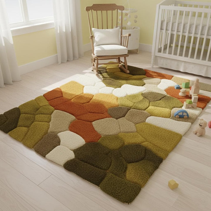 Translation missing: en.Hand tufted pebble rug with soft textured wool in olive green and burnt orange Scandinavian decor style