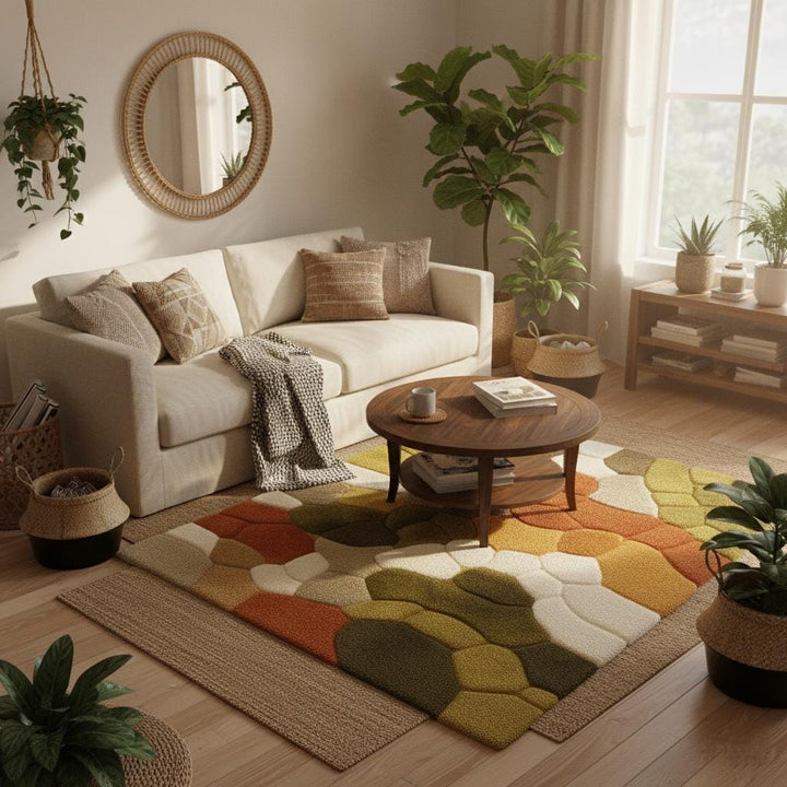 Translation missing: en.Hand tufted pebble rug in olive green and burnt orange with soft textured wool for Scandinavian living room decor