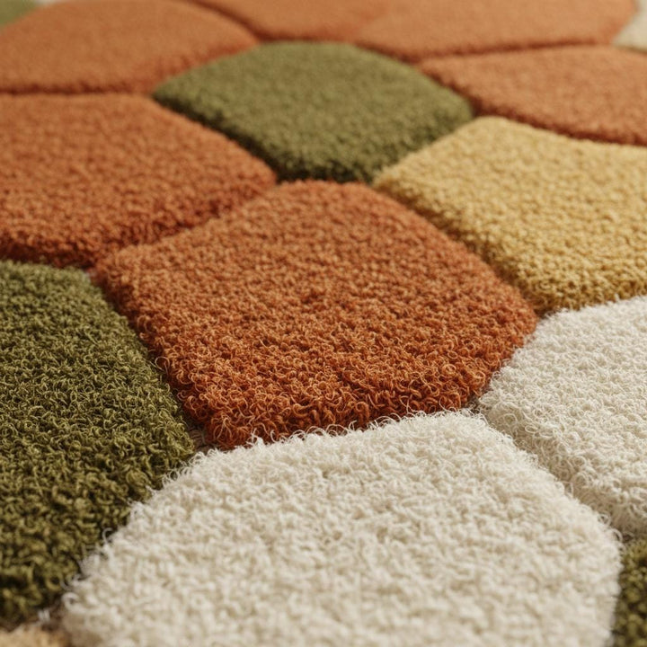 Translation missing: en.Hand tufted pebble rug with soft textured wool in olive green and burnt orange for Scandinavian decor