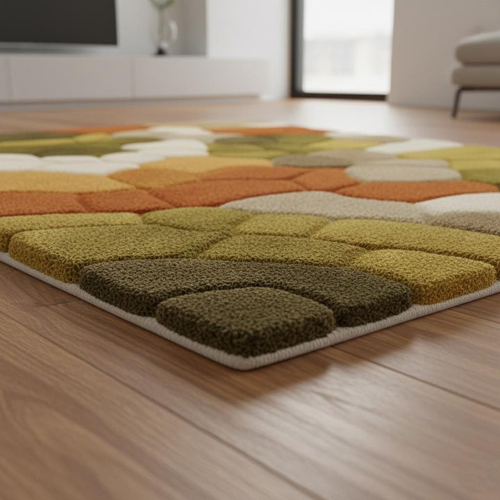 Translation missing: en.Hand tufted pebble rug with soft textured wool in olive green and burnt orange for Scandinavian decor