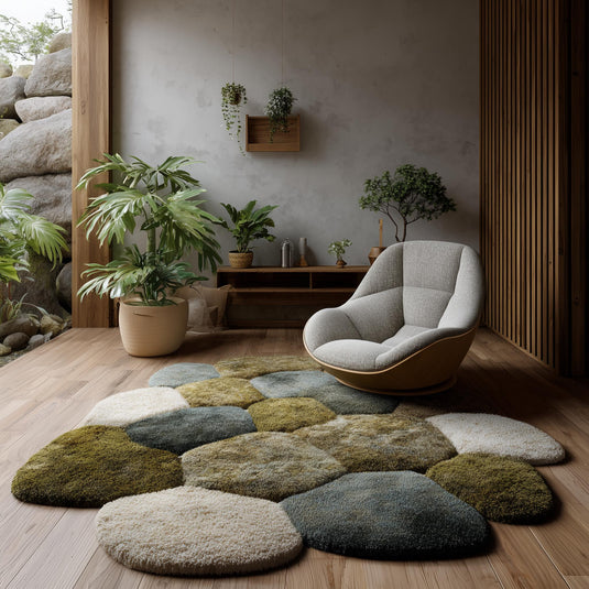 Translation missing: en.Hand-tufted pebble rug with plush high pile and biophilic earth tones in an irregular pebble shape