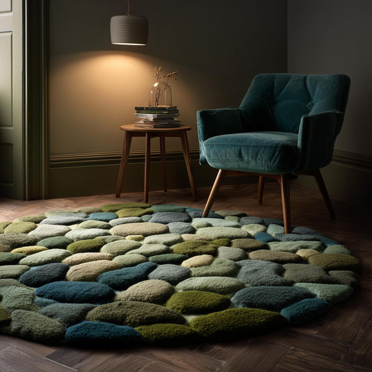 Translation missing: en.Hand tufted round wool rug with green teal pebble texture, 6x6 ft accent carpet