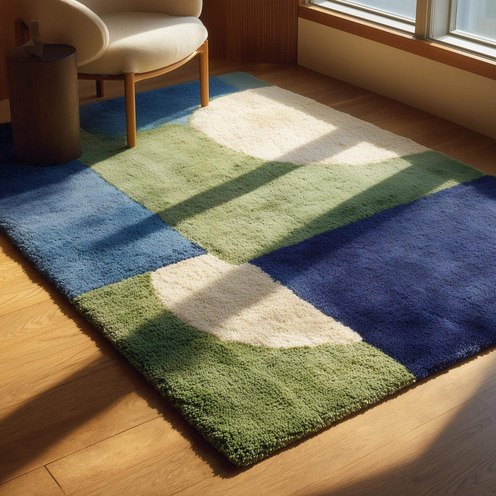 Translation missing: en.Hand tufted mid-century modern wool rug with bold blue and green geometric design