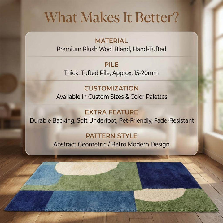 Translation missing: en.Hand tufted mid-century modern wool rug with blue and green geometric design