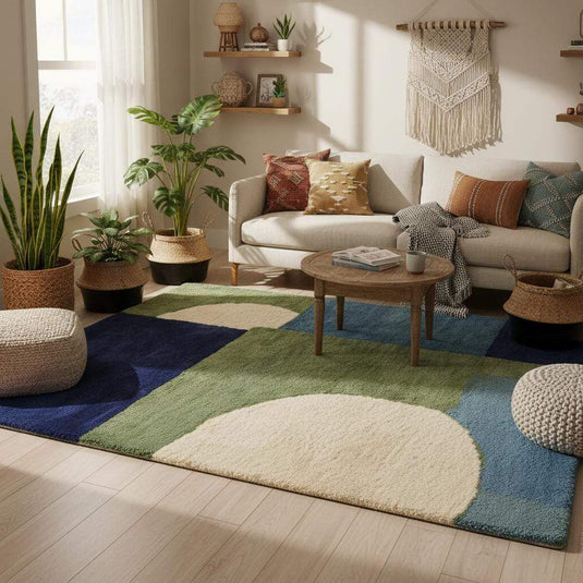 Translation missing: en.Hand tufted mid-century modern wool rug with blue and green geometric design
