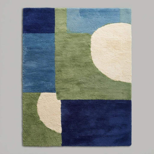 Translation missing: en.Hand tufted wool rug with mid-century modern blue and green geometric design