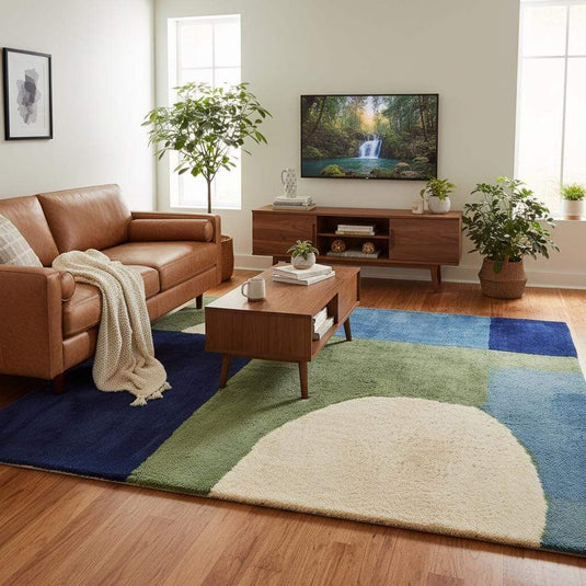 Translation missing: en.Hand tufted wool rug with blue and green mid-century geometric design