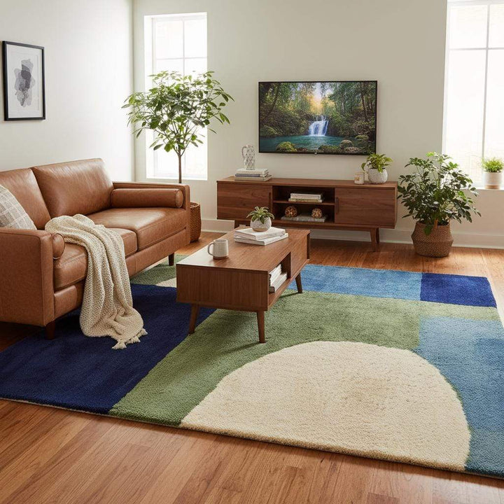 Translation missing: en.Hand tufted wool rug with blue and green mid-century geometric design