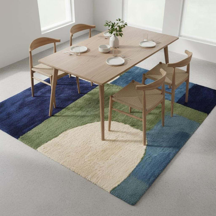 Translation missing: en.Hand tufted rug with mid-century modern geometric blue and green wool design