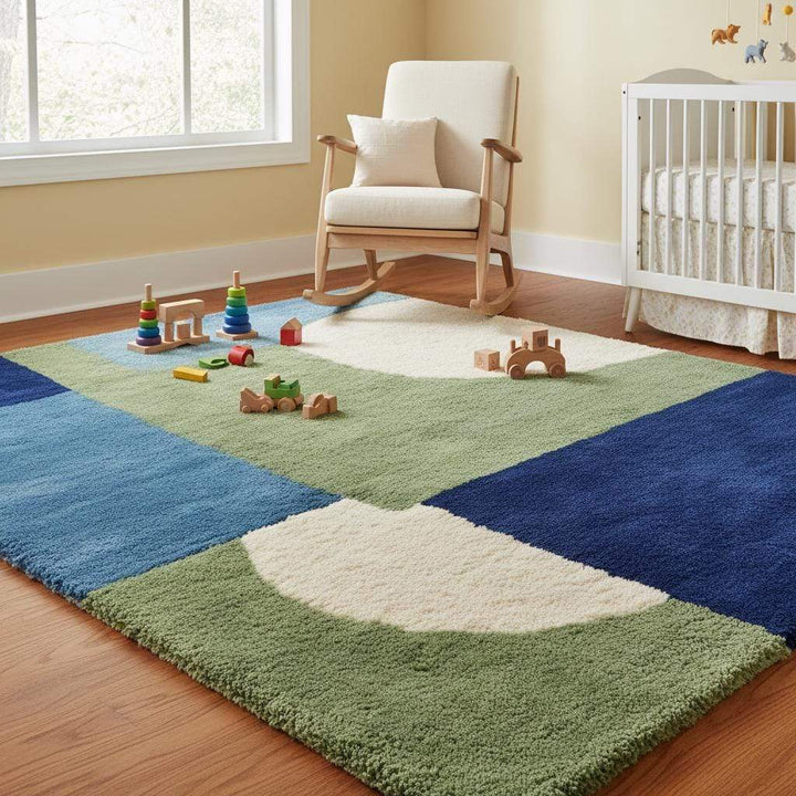 Translation missing: en.Hand tufted wool rug with mid-century modern geometric blue and green color blocks