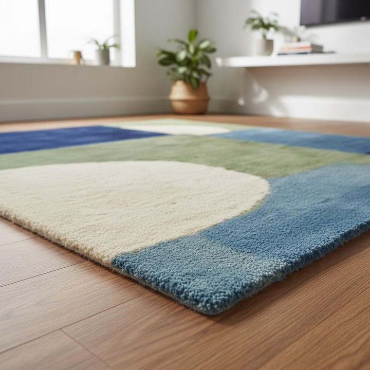Translation missing: en.Hand tufted mid-century modern geometric wool rug with blue and green color blocks